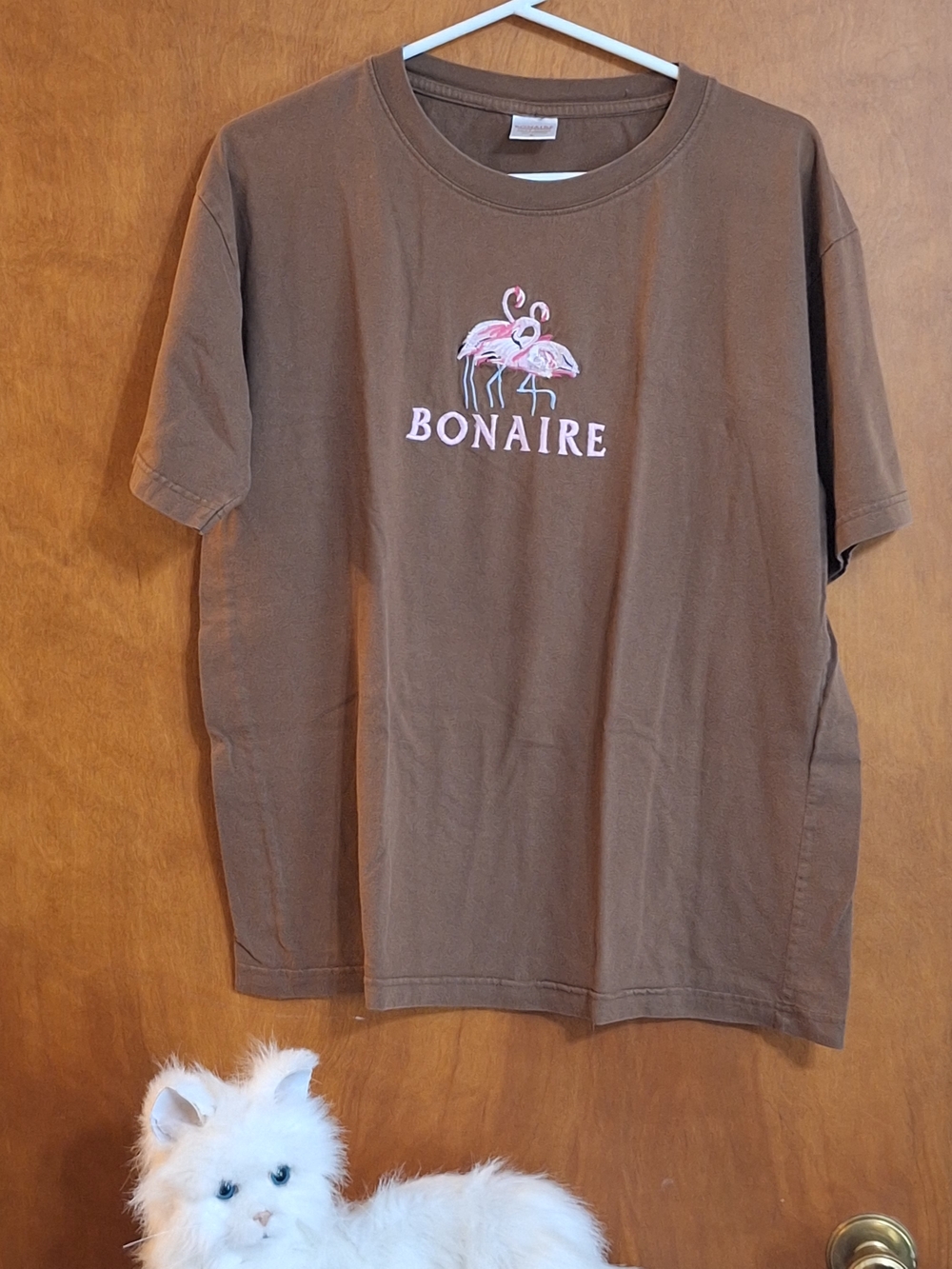 Bonaire Flamingo Embroidered Tee - Brown with Pink Detail